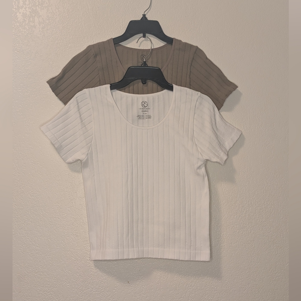 Roselyn Sanchez Ribbed Short Sleeve Tee Duo — White & Taupe